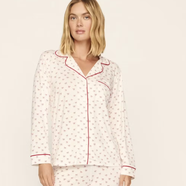 Eberjey Gisele Printed Long PJ Set PJ1141 in Mini Bows-Sleepwear-Eberjey-Holly Red Stripe-Small-Anna Bella Fine Lingerie, Reveal Your Most Gorgeous Self!