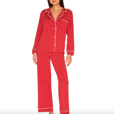 Eberjey Gisele Printed Long PJ Set PJ1141 in Red/Bone Hearts-Anna Bella Fine Lingerie-Hearts Red / Bone-XSmall-