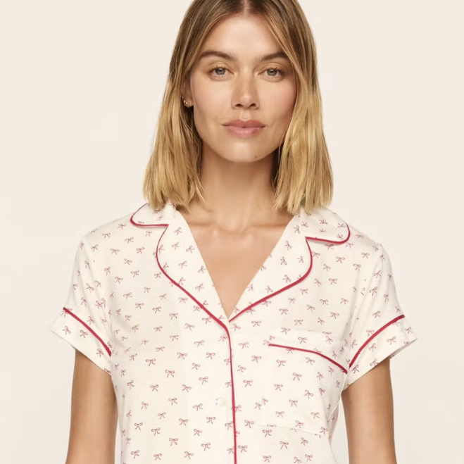 Eberjey Gisele Printed Shortie Set PJ1141S Mini Bow-Sleepwear-Eberjey-Ivory with Red Mini Bow-Small-Anna Bella Fine Lingerie, Reveal Your Most Gorgeous Self!