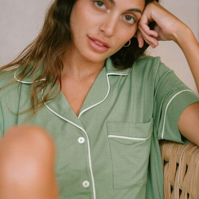 Eberjey Gisele Relaxed Short PJ Set PJ1018N in Mineral Green/Ivory-Loungewear-Eberjey-Mineral Green/Ivory-XSmall-Anna Bella Fine Lingerie, Reveal Your Most Gorgeous Self!