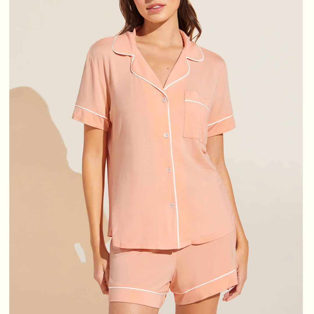 Eberjey Gisele Relaxed Short PJ Set PJ1018N in Peach Parfait/Ivory-Loungewear-Eberjey-Peach Parfait / Ivory-Small-Anna Bella Fine Lingerie, Reveal Your Most Gorgeous Self!