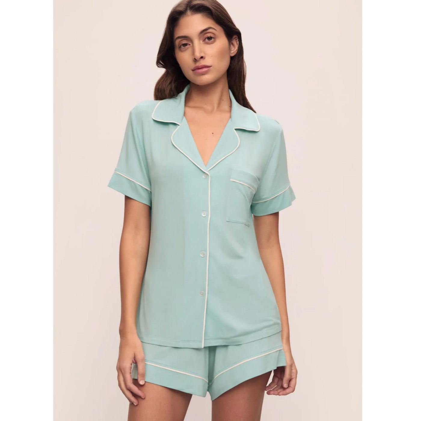 Eberjey Gisele Relaxed Short PJ Set in Canal Blue PJ1018SN-Loungewear-Eberjey-Canal Blue/Ivory-Small-Anna Bella Fine Lingerie, Reveal Your Most Gorgeous Self!