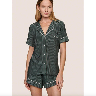 Eberjey Gisele Relaxed Short PJ Set in Duo Strip Pine/Ivory PJ1018SN-Loungewear-Eberjey-Pine/Ivory-XSmall-Anna Bella Fine Lingerie, Reveal Your Most Gorgeous Self!