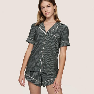 Eberjey Gisele Relaxed Short PJ Set in Duo Strip Pine/Ivory PJ1018SN-Loungewear-Eberjey-Pine/Ivory-XSmall-Anna Bella Fine Lingerie, Reveal Your Most Gorgeous Self!