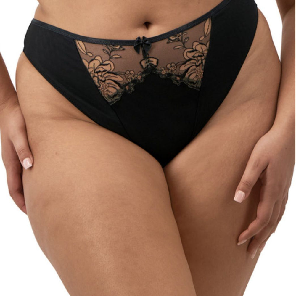 Elomi Teagan Thong in Black Almond EL302670-Panties-Elomi-Black/Almond-Small-Anna Bella Fine Lingerie, Reveal Your Most Gorgeous Self!