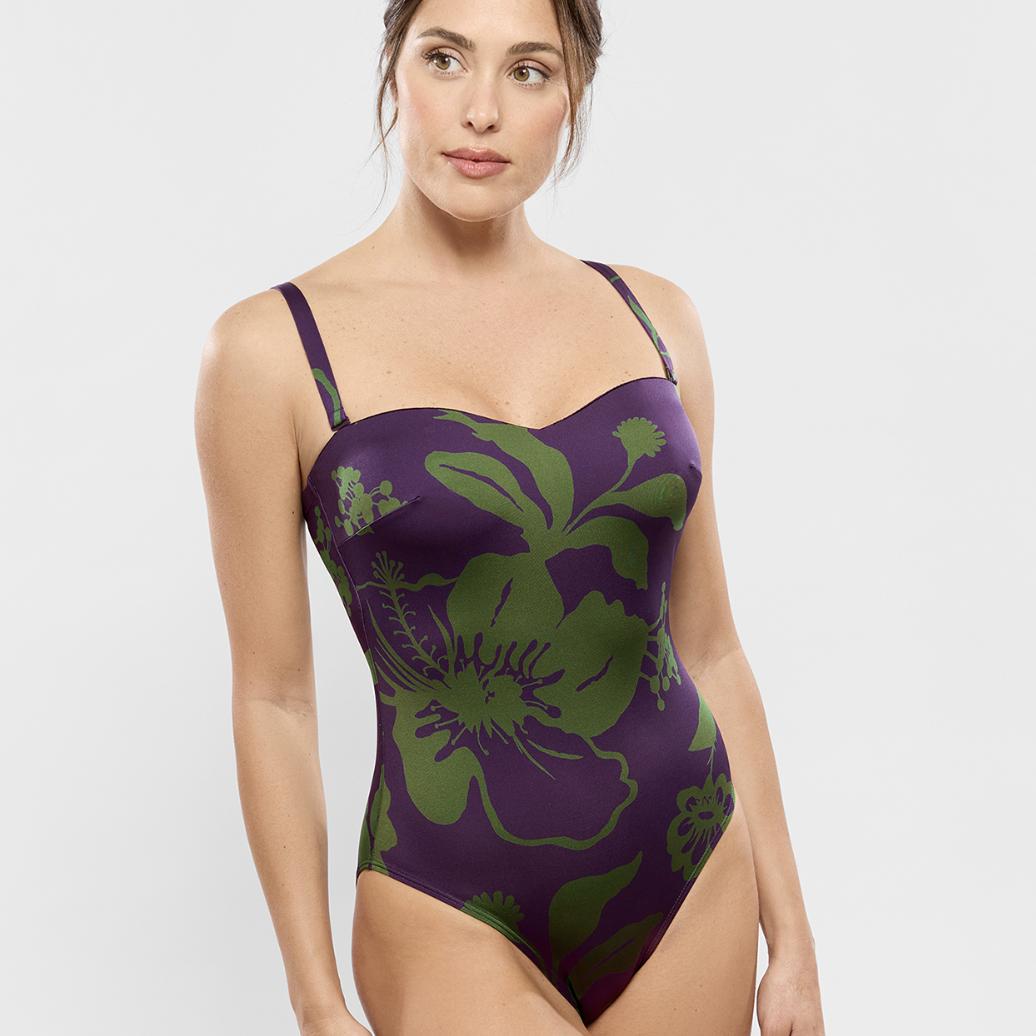 Empreinte Bloom Strapless One Piece Swimsuit 2651-Swimwear-Empreinte-Purple/Green Print-32-D-Anna Bella Fine Lingerie, Reveal Your Most Gorgeous Self!