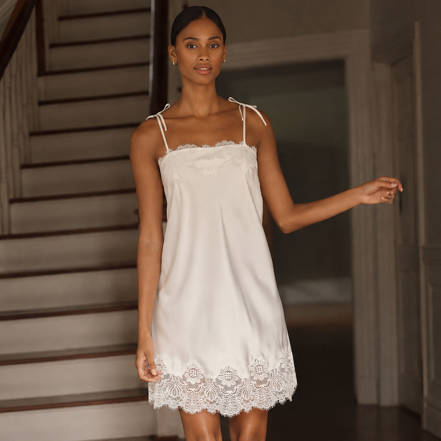 Flora Nikrooz Celeste Stretch Charm Chemise Q81633 in Ivory-Sleepwear-Flora Nikrooz-Ivory-XSmall-Anna Bella Fine Lingerie, Reveal Your Most Gorgeous Self!