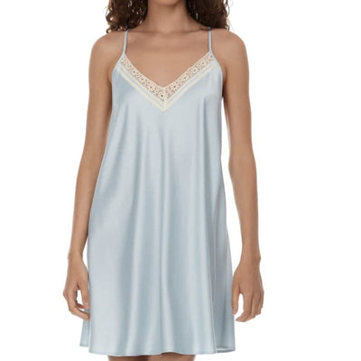 Flora Nikrooz Genevive Chemise in Ice Flow Q81426 $68.00-Anna Bella Fine Lingerie-Stay in for the night wearing this sultry chemise crafted from rich satin charmeuse with a lacy trim and a sleek racerback. 100% polyester. Hand wash, dry flat.