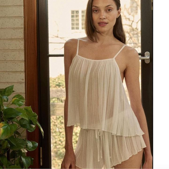 Flora Nikrooz Karina Pleated Chiffon Cami Set Q81623 in Ivory-Sleepwear-Flora Nikrooz-Ivory-XSmall-Anna Bella Fine Lingerie, Reveal Your Most Gorgeous Self!