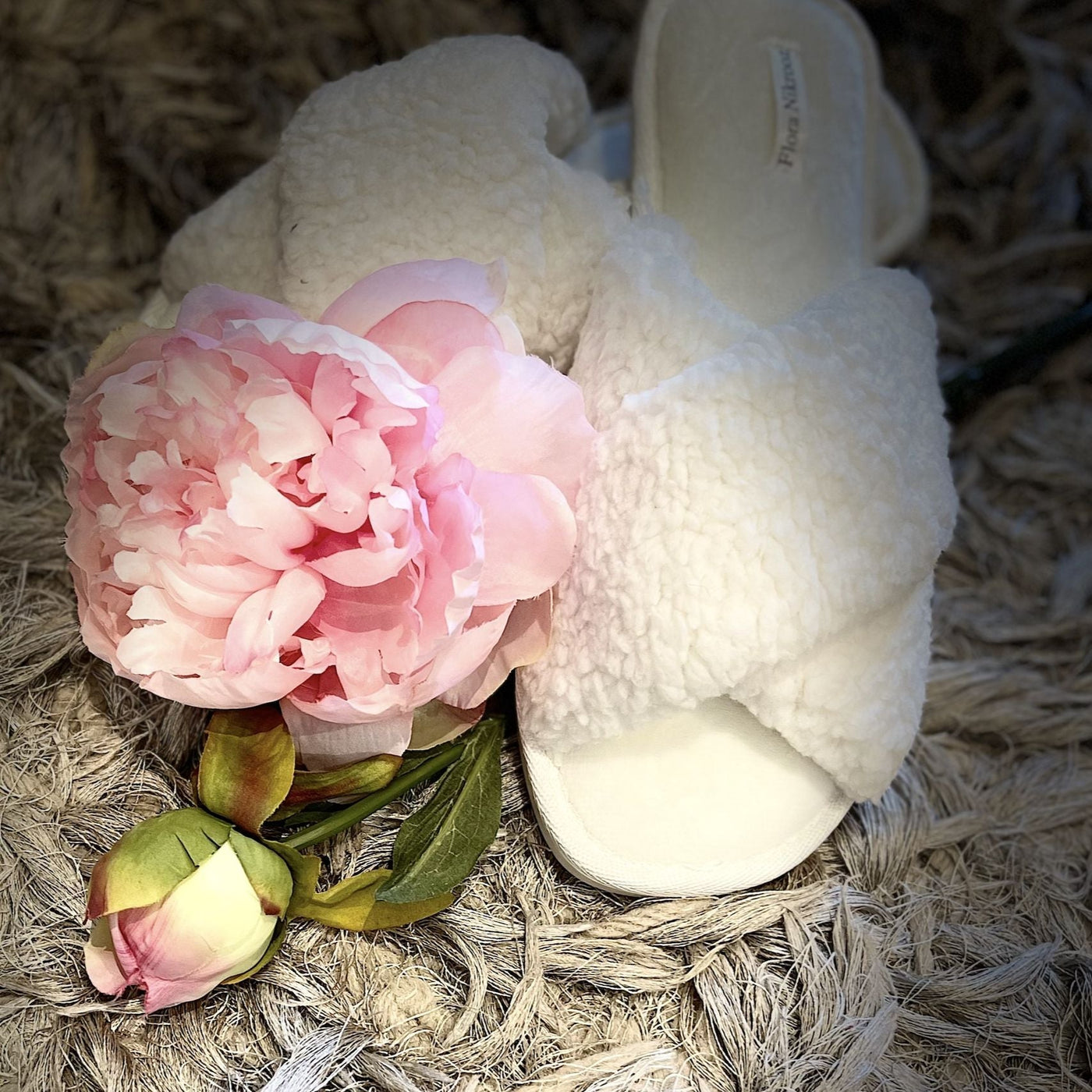 Flora Nikrooz Victoria Sherpa Criss Cross Slippers in Ivory S10004-Socks & Slippers-Flora Nikrooz-Ivory-Small-Anna Bella Fine Lingerie, Reveal Your Most Gorgeous Self!