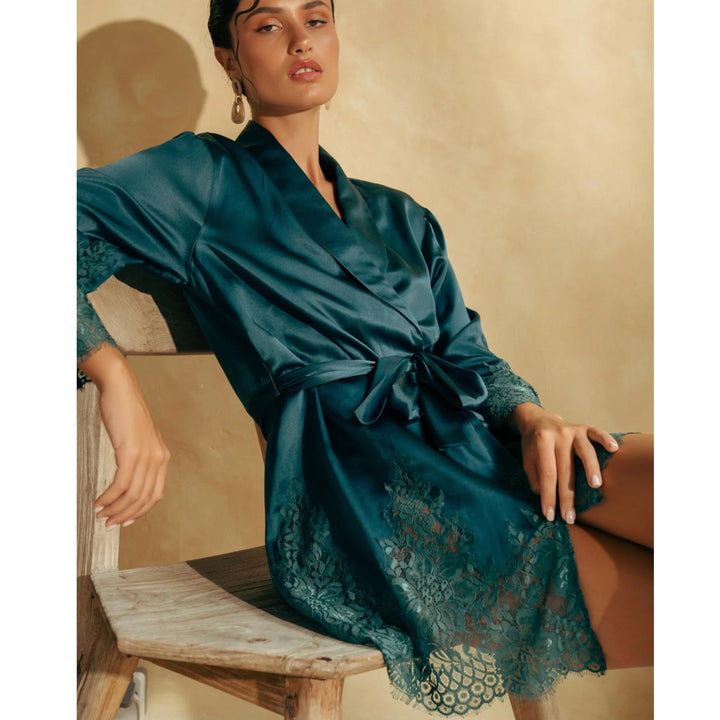 Ginia Bon Nuit Robe in Teal GCL601-Robes-Ginia-Teal-Small-Anna Bella Fine Lingerie, Reveal Your Most Gorgeous Self!