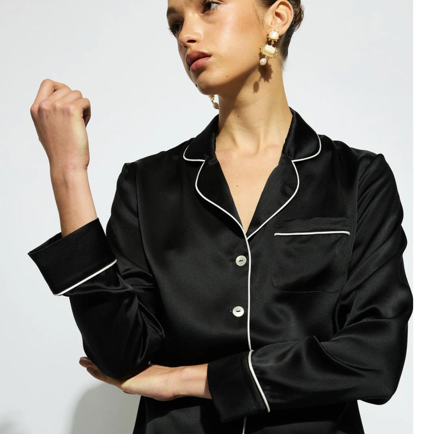 Ginia Fine Finishes Pyjama in Black/Creme Piping GBS501-Loungewear-Ginia-Black with Creme Piping-XSmall-Anna Bella Fine Lingerie, Reveal Your Most Gorgeous Self!