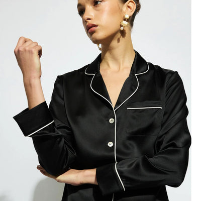 Ginia Fine Finishes Pyjama in Black/Creme Piping GBS501-Loungewear-Ginia-Black with Creme Piping-XSmall-Anna Bella Fine Lingerie, Reveal Your Most Gorgeous Self!