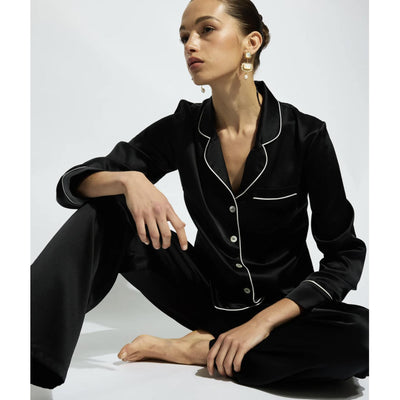 Ginia Fine Finishes Pyjama in Black/Creme Piping GBS501-Loungewear-Ginia-Black with Creme Piping-XSmall-Anna Bella Fine Lingerie, Reveal Your Most Gorgeous Self!