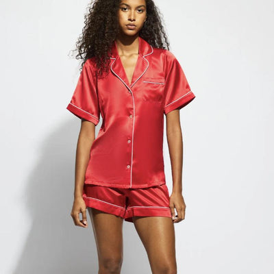 Ginia Fine Finishes Short Pyjama in Chilli Red GFFS503-Anna Bella Fine Lingerie-Chili Red with Candy Pink-Small-