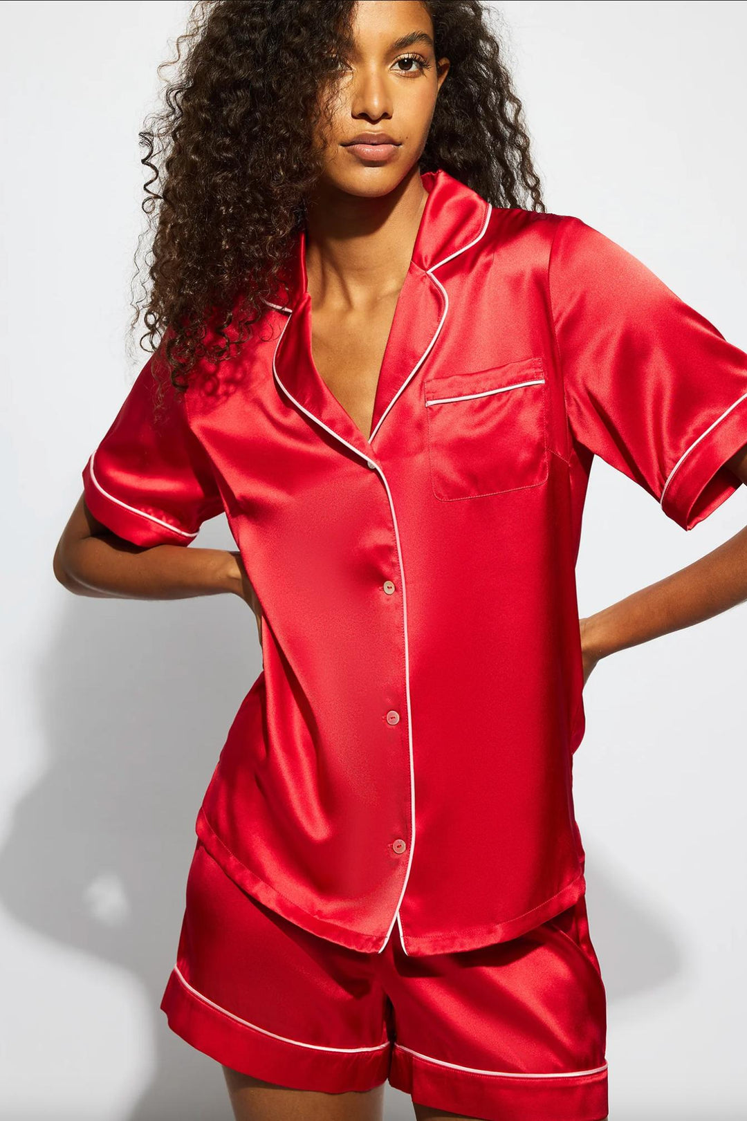 Ginia Fine Finishes Short Pyjama in Chilli Red GFFS503-Loungewear-Ginia-Chili Red with Candy Pink-Small-Anna Bella Fine Lingerie, Reveal Your Most Gorgeous Self!