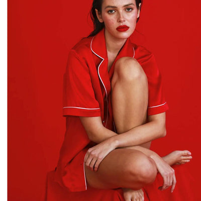 Ginia Fine Finishes Short Pyjama in Chilli Red GFFS503-Loungewear-Ginia-Chili Red with Candy Pink-Small-Anna Bella Fine Lingerie, Reveal Your Most Gorgeous Self!