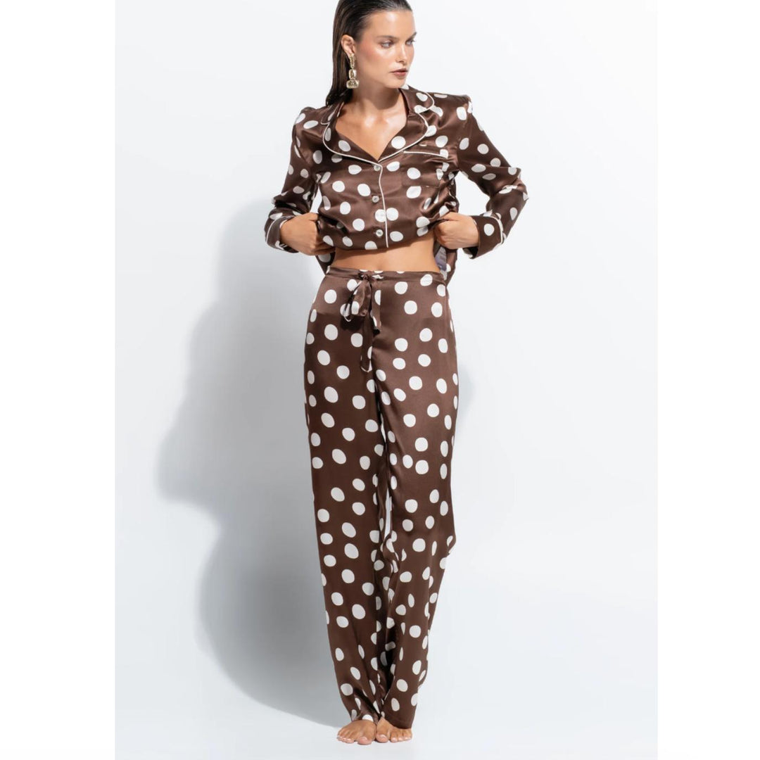 Ginia Samsara Silk Fine Finishes Pajamas in Polka Dot Print GBS501P-Sleepwear-Ginia-Brown Polka Dot-Medium-Anna Bella Fine Lingerie, Reveal Your Most Gorgeous Self!
