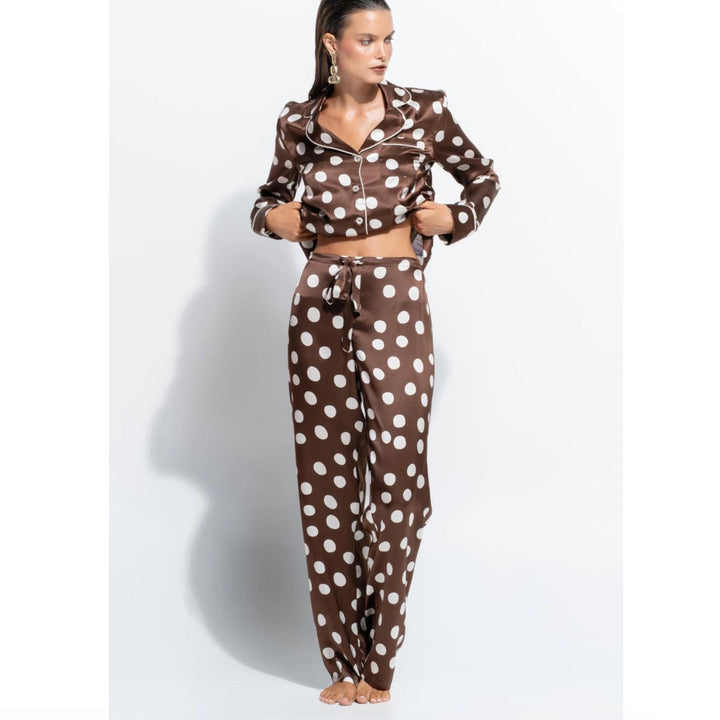 Ginia Samsara Silk Fine Finishes Pajamas in Polka Dot Print GBS501P-Sleepwear-Ginia-Brown Polka Dot-Medium-Anna Bella Fine Lingerie, Reveal Your Most Gorgeous Self!