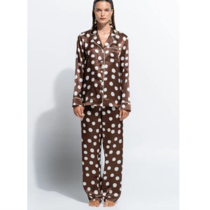 Ginia Samsara Silk Fine Finishes Pajamas in Polka Dot Print GBS501P-Sleepwear-Ginia-Brown Polka Dot-Medium-Anna Bella Fine Lingerie, Reveal Your Most Gorgeous Self!