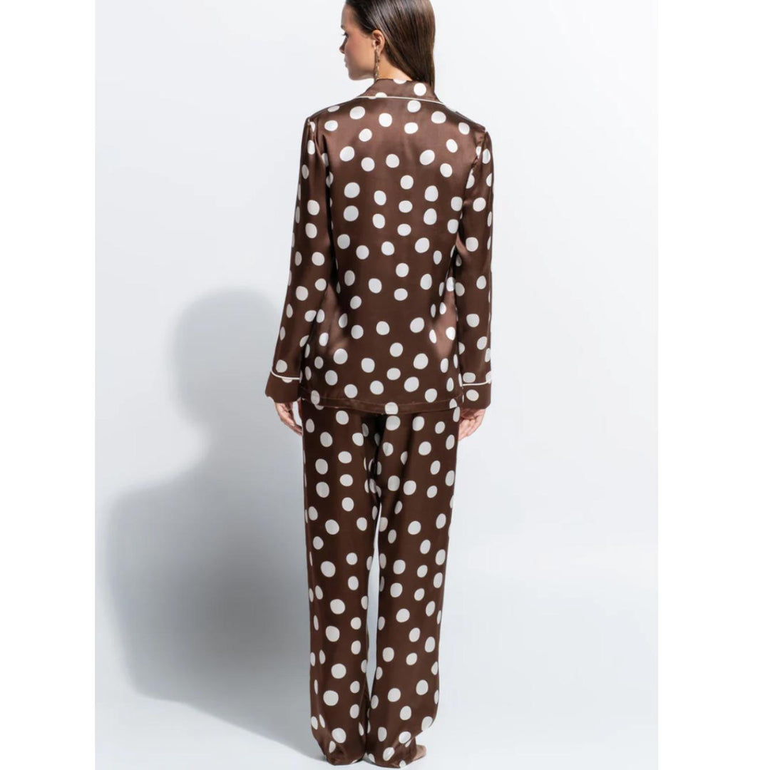 Ginia Samsara Silk Fine Finishes Pajamas in Polka Dot Print GBS501P-Sleepwear-Ginia-Brown Polka Dot-Medium-Anna Bella Fine Lingerie, Reveal Your Most Gorgeous Self!