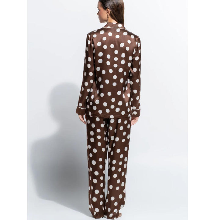 Ginia Samsara Silk Fine Finishes Pajamas in Polka Dot Print GBS501P-Sleepwear-Ginia-Brown Polka Dot-Medium-Anna Bella Fine Lingerie, Reveal Your Most Gorgeous Self!