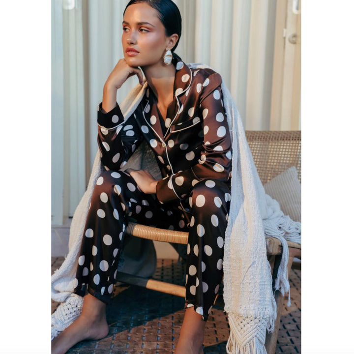 Ginia Samsara Silk Fine Finishes Pajamas in Polka Dot Print GBS501P-Sleepwear-Ginia-Brown Polka Dot-Large-Anna Bella Fine Lingerie, Reveal Your Most Gorgeous Self!