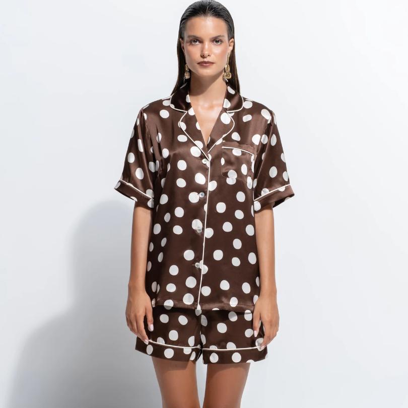 Ginia Samsara Silk Short PJ Set GFFS503-Sleepwear-Ginia-Brown Polka Dot-XSmall-Anna Bella Fine Lingerie, Reveal Your Most Gorgeous Self!