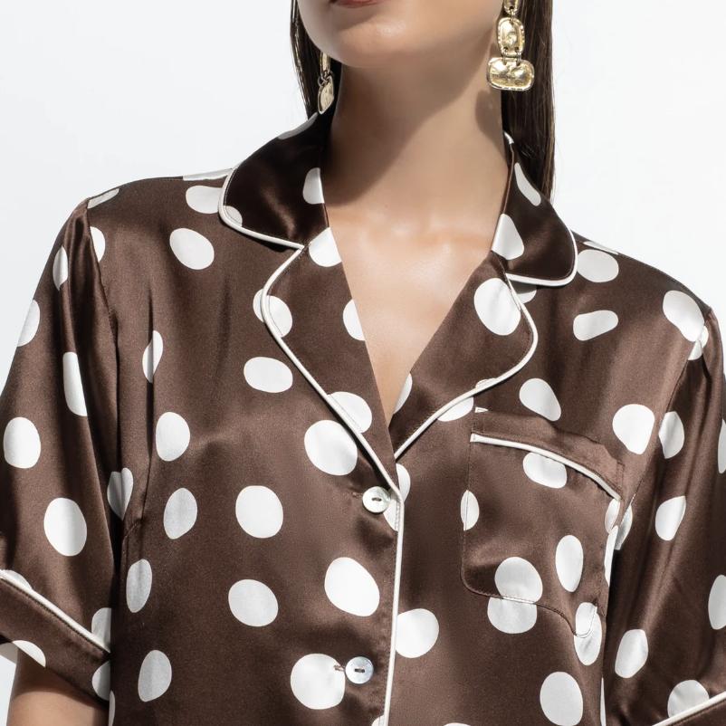 Ginia Samsara Silk Short PJ Set GFFS503-Sleepwear-Ginia-Brown Polka Dot-XSmall-Anna Bella Fine Lingerie, Reveal Your Most Gorgeous Self!