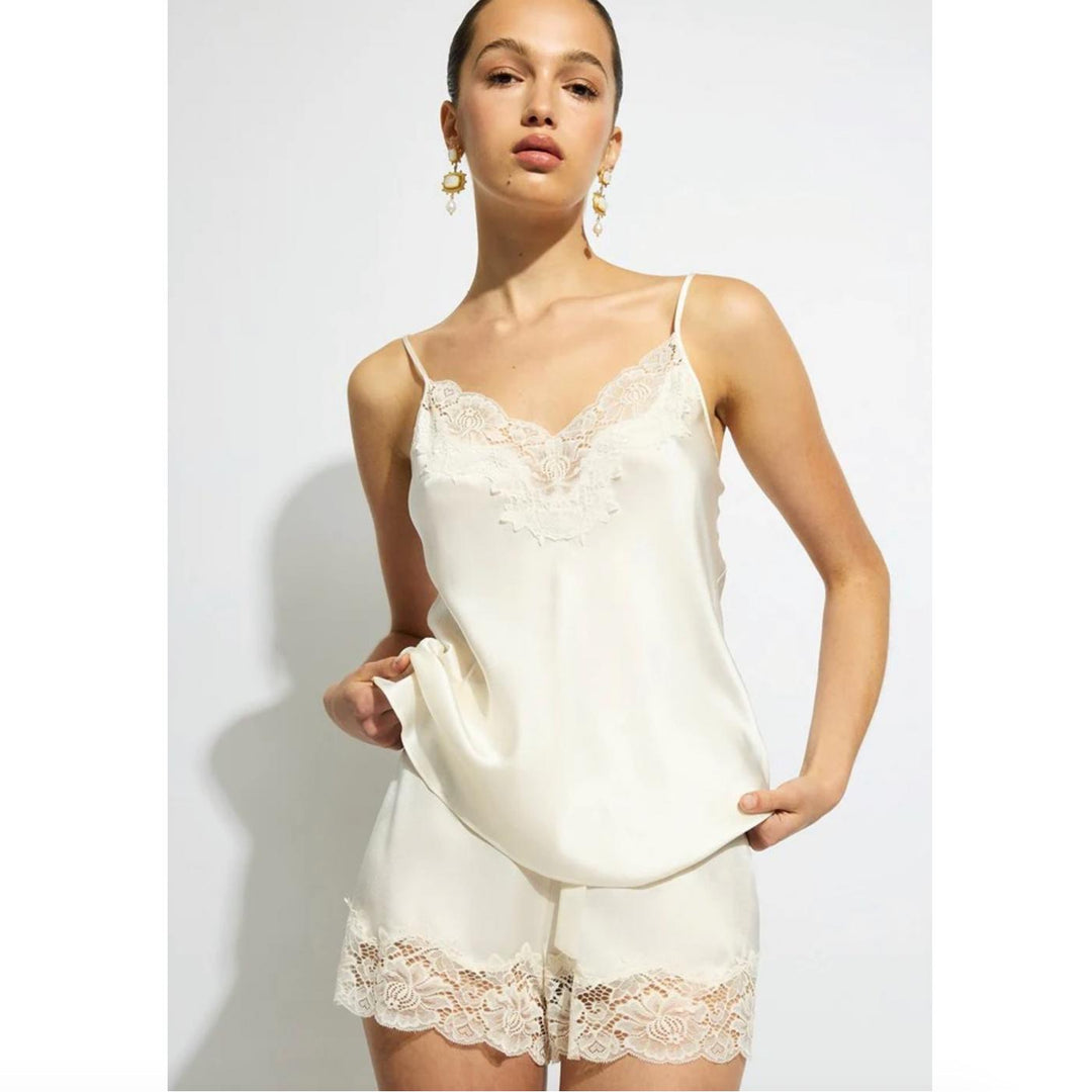 Ginia Silk Lace Cami Short Set in Creme GBS202101-Sleepwear-Ginia-Creme-Large-Anna Bella Fine Lingerie, Reveal Your Most Gorgeous Self!