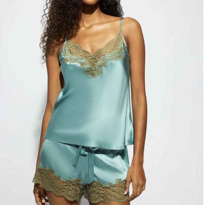 Ginia Silk Lace Cami Short Set in River GBS202101-Sleepwear-Ginia-River-XSmall-Anna Bella Fine Lingerie, Reveal Your Most Gorgeous Self!