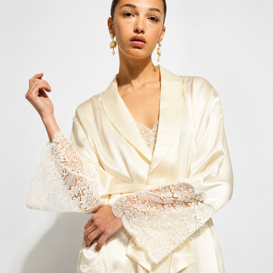 Ginia Silk Lace Robe in Creme GBS602-Robes-Ginia-Creme-Small-Anna Bella Fine Lingerie, Reveal Your Most Gorgeous Self!