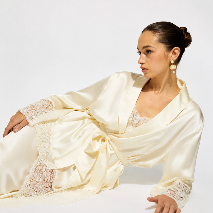 Ginia Silk Lace Robe in Creme GBS602-Robes-Ginia-Creme-Small-Anna Bella Fine Lingerie, Reveal Your Most Gorgeous Self!