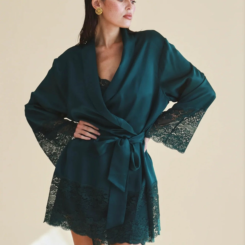 Ginia Silk Lace Robe in Emerald GBS602-Robes-Ginia-Emerald-Small-Anna Bella Fine Lingerie, Reveal Your Most Gorgeous Self!
