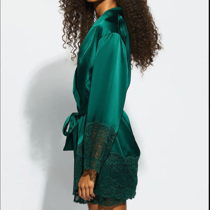 Ginia Silk Lace Robe in Emerald GBS602-Robes-Ginia-Emerald-Small-Anna Bella Fine Lingerie, Reveal Your Most Gorgeous Self!