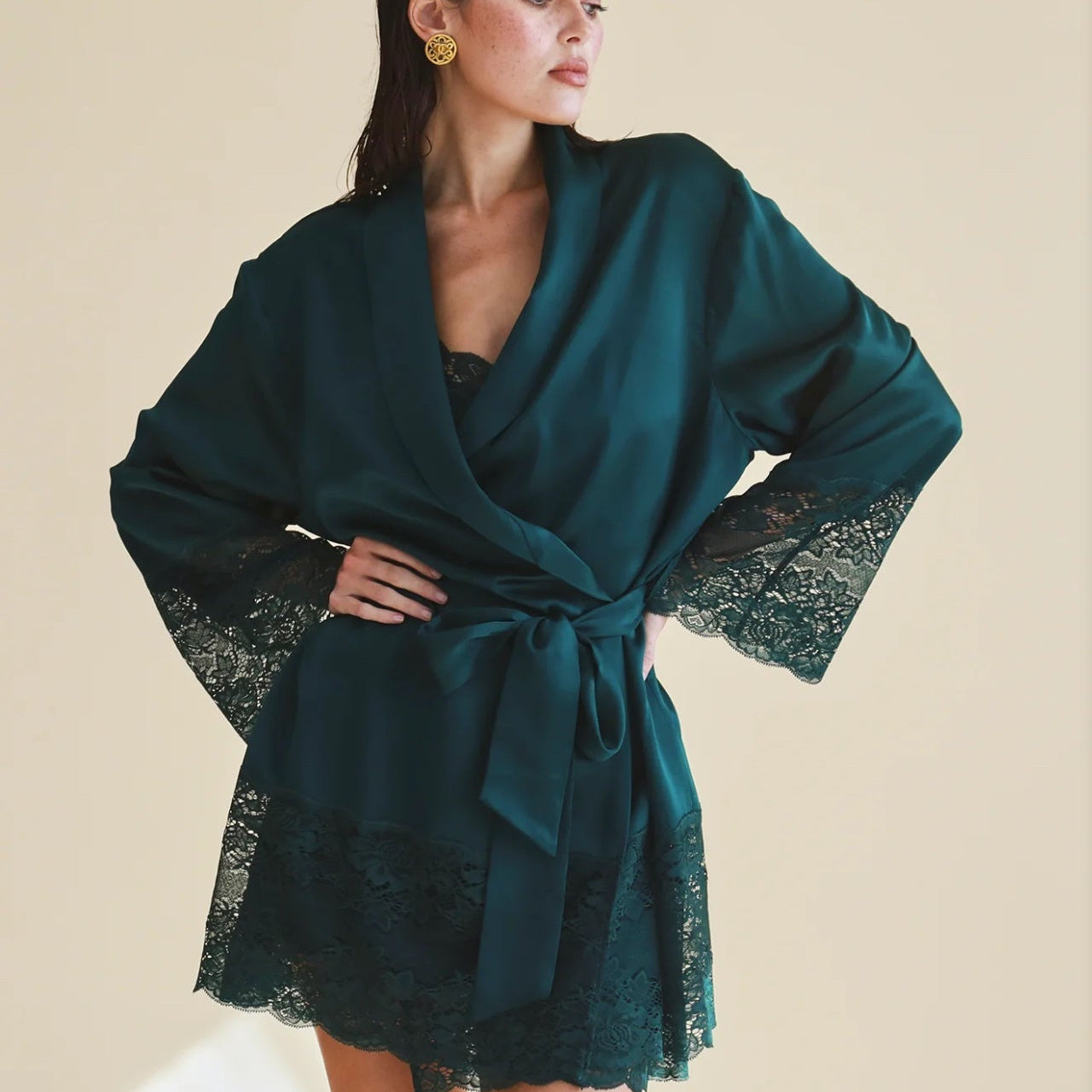 Ginia Silk Lace Robe in Emerald GBS602-Anna Bella Fine Lingerie-Emerald-Small-