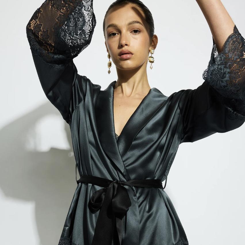 Ginia Silk Lace Robe in India Ink GBS602-Robes-Ginia-India Ink-Medium-Anna Bella Fine Lingerie, Reveal Your Most Gorgeous Self!