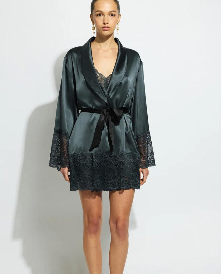 Ginia Silk Lace Robe in India Ink GBS602-Robes-Ginia-India Ink-Medium-Anna Bella Fine Lingerie, Reveal Your Most Gorgeous Self!