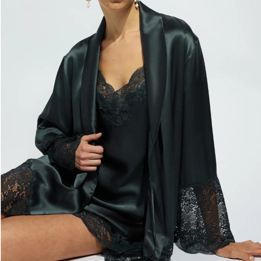 Ginia Silk Lace Robe in India Ink GBS602-Robes-Ginia-India Ink-Medium-Anna Bella Fine Lingerie, Reveal Your Most Gorgeous Self!