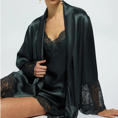 Ginia Silk Lace Robe in India Ink GBS602-Robes-Ginia-India Ink-Medium-Anna Bella Fine Lingerie, Reveal Your Most Gorgeous Self!