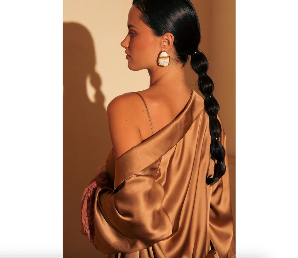 Ginia Silk Lace Robe in Mocha Mousse GBS602-Anna Bella Fine Lingerie-Mocha Mousse-XSmall-