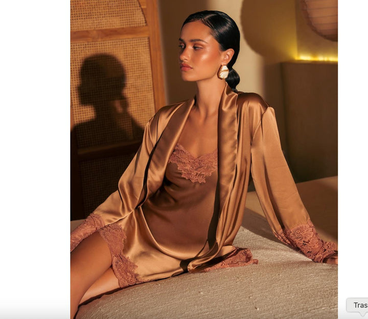Ginia Silk Lace Robe in Mocha Mousse GBS602-Robes-Ginia-Mocha Mousse-XSmall-Anna Bella Fine Lingerie, Reveal Your Most Gorgeous Self!
