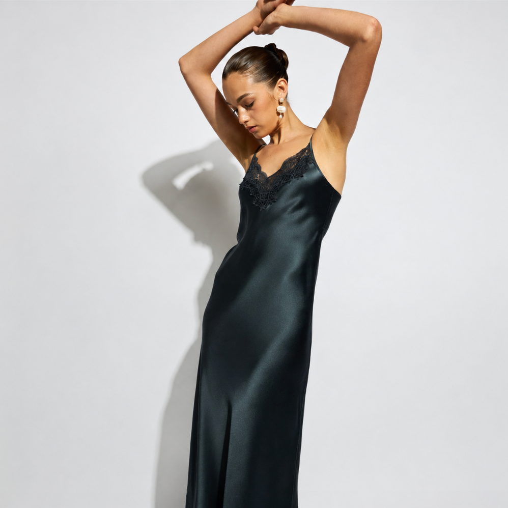 Ginia Silk Lace Slip in India Ink GBS401-Sleepwear-Ginia-India Ink-Medium-Anna Bella Fine Lingerie, Reveal Your Most Gorgeous Self!