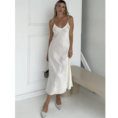 Ginia Silk V-Neck Silk Slip in Creme-Loungewear-Ginia-Creme-XSmall-Anna Bella Fine Lingerie, Reveal Your Most Gorgeous Self!