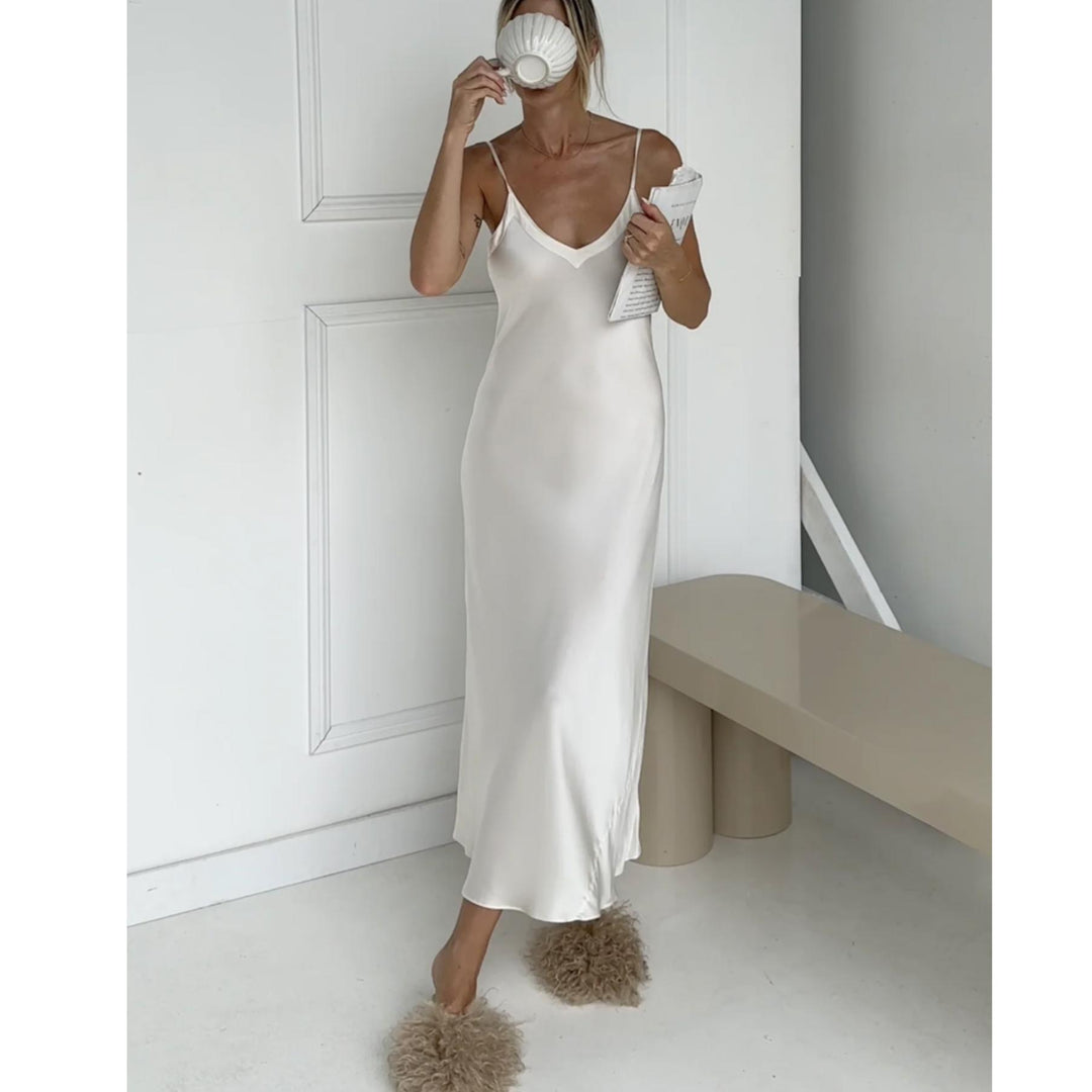 Ginia Silk V-Neck Silk Slip in Creme GBS402-Loungewear-Ginia-Creme-XSmall-Anna Bella Fine Lingerie, Reveal Your Most Gorgeous Self!