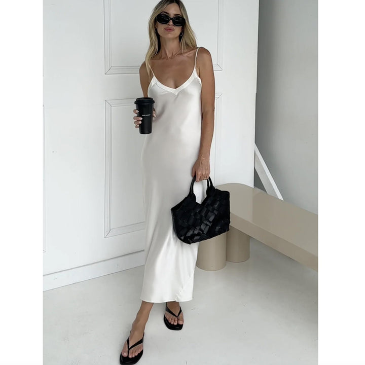 Ginia Silk V-Neck Silk Slip in Creme GBS402-Loungewear-Ginia-Creme-XSmall-Anna Bella Fine Lingerie, Reveal Your Most Gorgeous Self!