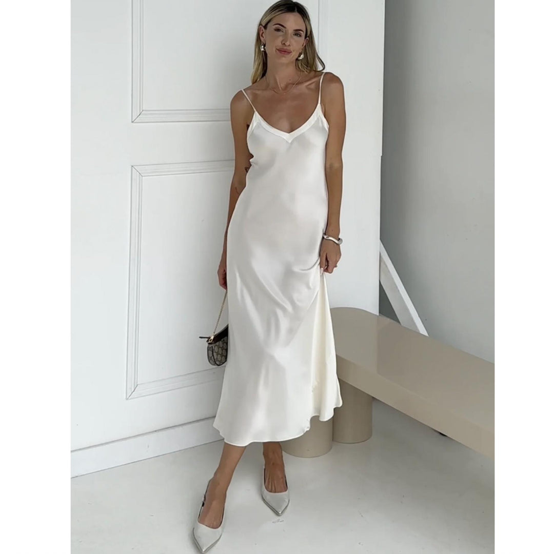 Ginia Silk V-Neck Silk Slip in Creme GBS402-Loungewear-Ginia-Creme-XSmall-Anna Bella Fine Lingerie, Reveal Your Most Gorgeous Self!