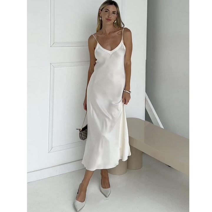 Ginia Silk V-Neck Silk Slip in Creme GBS402-Loungewear-Ginia-Creme-XSmall-Anna Bella Fine Lingerie, Reveal Your Most Gorgeous Self!