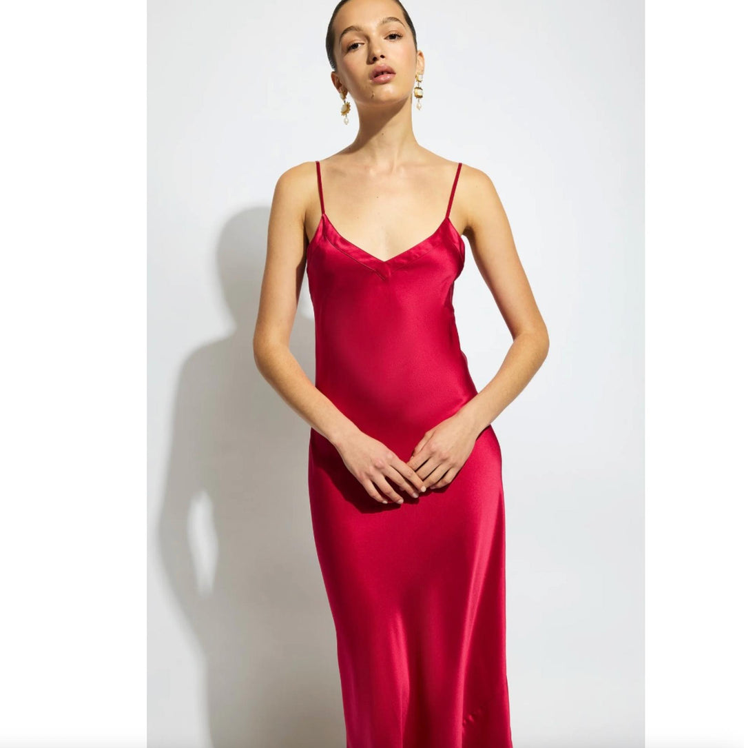 Ginia Silk V-Neck Silk Slip in Ruby GBS402-Loungewear-Ginia-Ruby-Small-Anna Bella Fine Lingerie, Reveal Your Most Gorgeous Self!