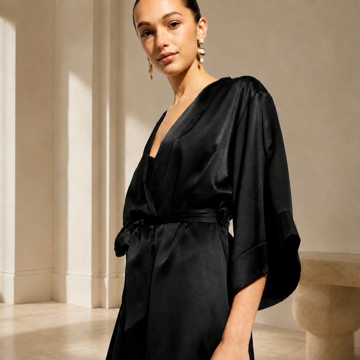 Ginia Silk Wrap Robe in Black GBS600-Robes-Ginia-Black-Small-Anna Bella Fine Lingerie, Reveal Your Most Gorgeous Self!
